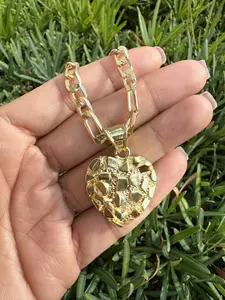 14K Gold Plated Nugget Chain and Pendant- Textured Heart Minimalist Figaro Link Chain 20" 4mm Small Pendant 14mm Necklace for Men/Women Unisex