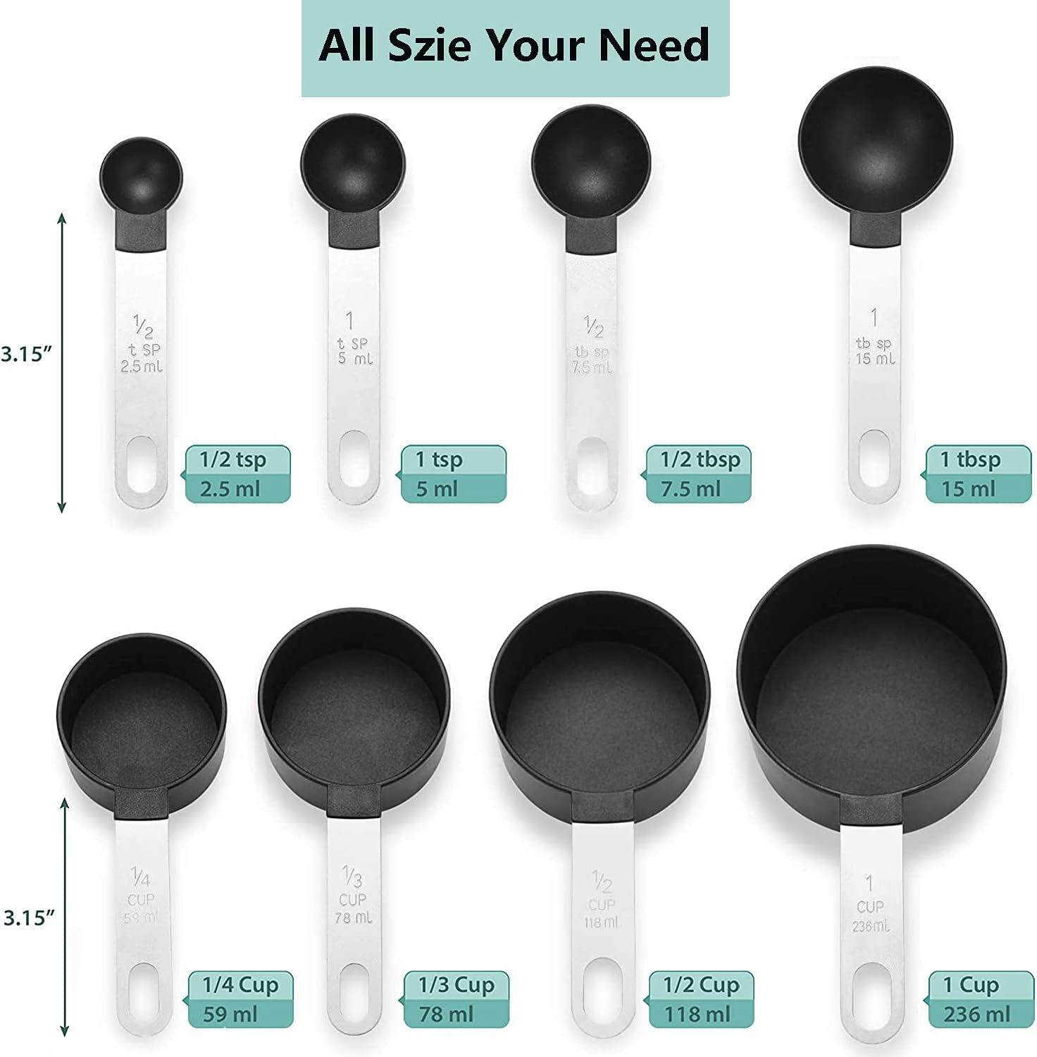 8 Pcs Measuring Cups and Spoons Set, Turquoise Stainless Steel Handle, Kitchen Baking Tools for Cooking, Baking & Coffee, Heavy Duty & Dishwasher Safe