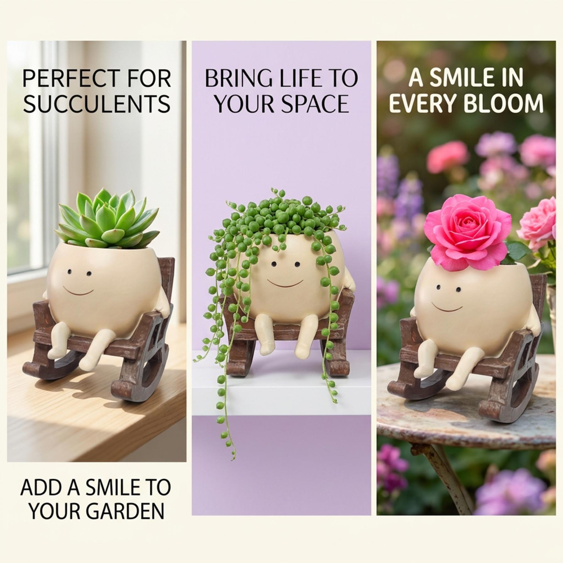 【SummerVibes】1pc/2pcs/3pcs Smily Face Rocking Chair Planter Pots with Drainage Hole, Cute Resin Flower Head Succulent Planters for Indoor Plants, Gift IdeaI for Mother Birthday Christmas 【SummerVibes】1pc/2pcs/3pcs Smily Face Rocking Chair Planter Pots with Drainage Hole, Cute Resin Flower Head Succulent Planters for Indoor Plants, Gift IdeaI for Mother Birthday Christmas