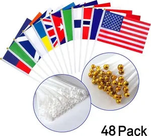 Mini International Flags Set (48 Countries), Small Handheld World Flags with Stick, Fabric for Party Decorations, Sports Events & School Activities