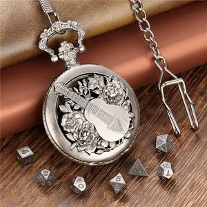 Antique Bronze Bard Pocket Watch Case with Pendant Chain, 7-piece Mini Size Metal Polyhedral Dice, Indoor Entertainment Tabletop Role-Playing Game Accessories, Gift for RPG Lover