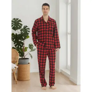 Men’s flannel pajama set featuring a cotton plaid button-down PJ top and pocketed pants; warm and soft casual sleepwear for Christmas—classic long-sleeve casual wear with a comfortable, stretchy fit.
