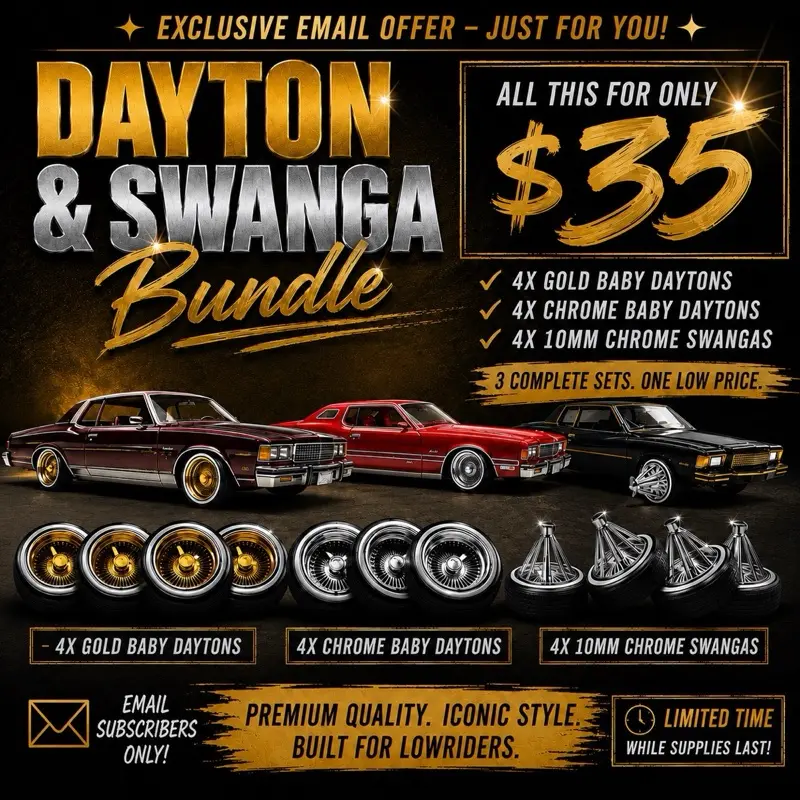 Limited QTY- 3 Sets Wire Bundle - 9mm Gold and Chrome Daytons + 10mm Chrome Swanga Wheels for 1:64 Scale