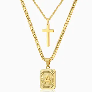 Layered Initial Cross Necklace Stainless Steel Square Letter Pendant Cuban Chain Choker for Women Girls Valentine's Day Gifts A-Z Capital Jewelry