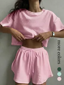 Women's 2-Piece Lounge Set, Supersoft Cropped Tee & Sleep Shorts, Fitted Design, Solid Color, All-Season Wear, Casual Style