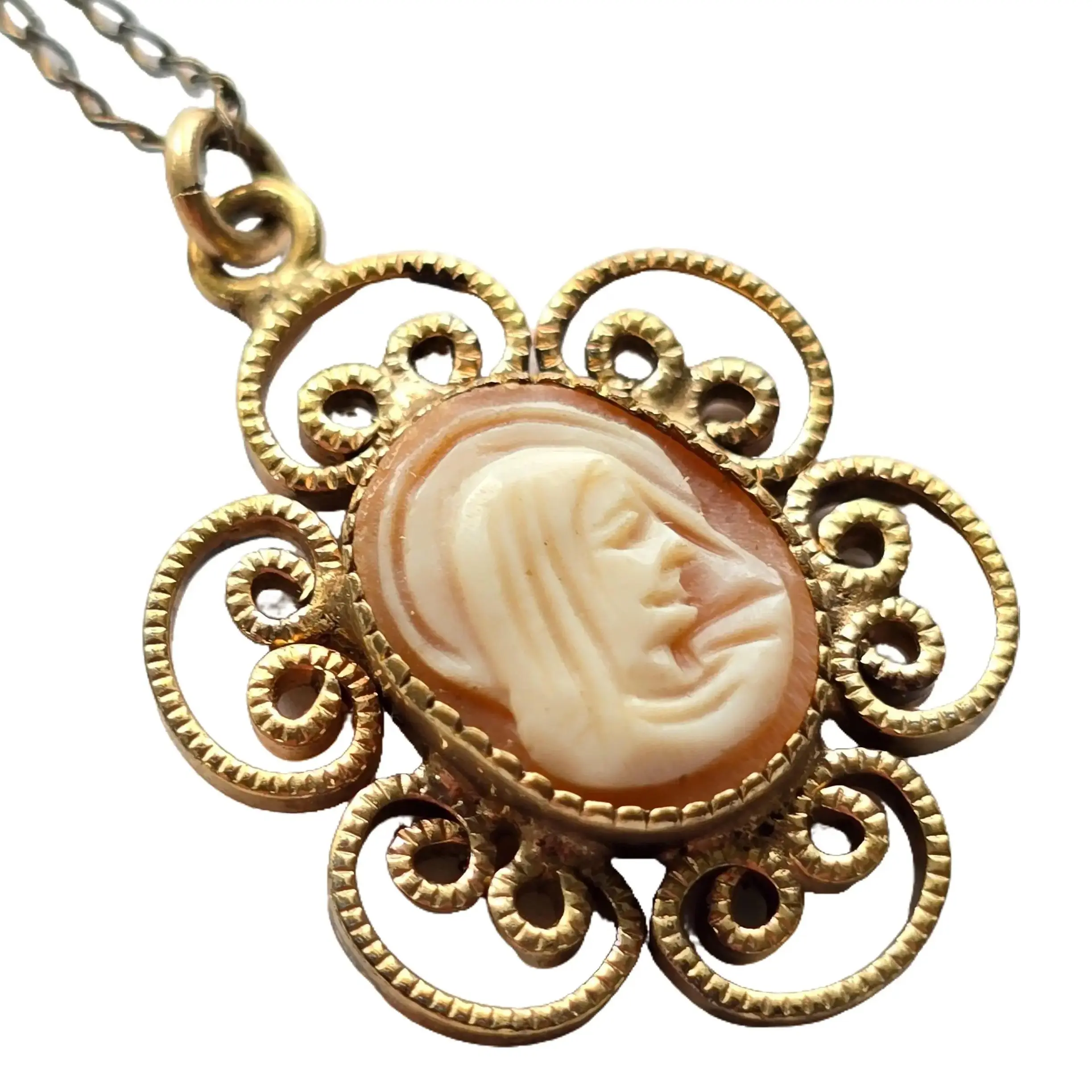 Vintage 12k Gold Filled Signed Janice Filigree Necklace Pendant with Carved Shell Cameo