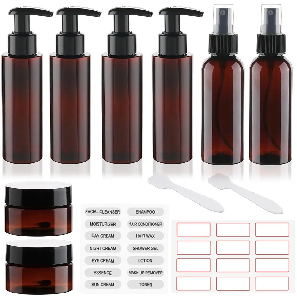 Brown Plastic TSA-Approved Checkpoint-Friendly Household Kitchen Tool Kit - 1 Set with 4 3.4oz/100ml Compact Refillable Design Toiletries Storage Pump Bottles, Lotion Jar, Spoons, Daily Business Travel-Size Empty Container