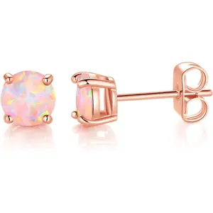 18K Rose Gold Plated Round Brilliant White Opal Stud Earrings for Women
