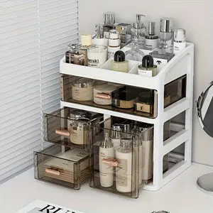 4-Drawer & 6-Compartment Plastic Cosmetic Storage Organizer for Women, Polished Finish, Dustproof Large Capacity Skincare Display Stand, No Assembly Required, for Perfume, Cream & Face Masks