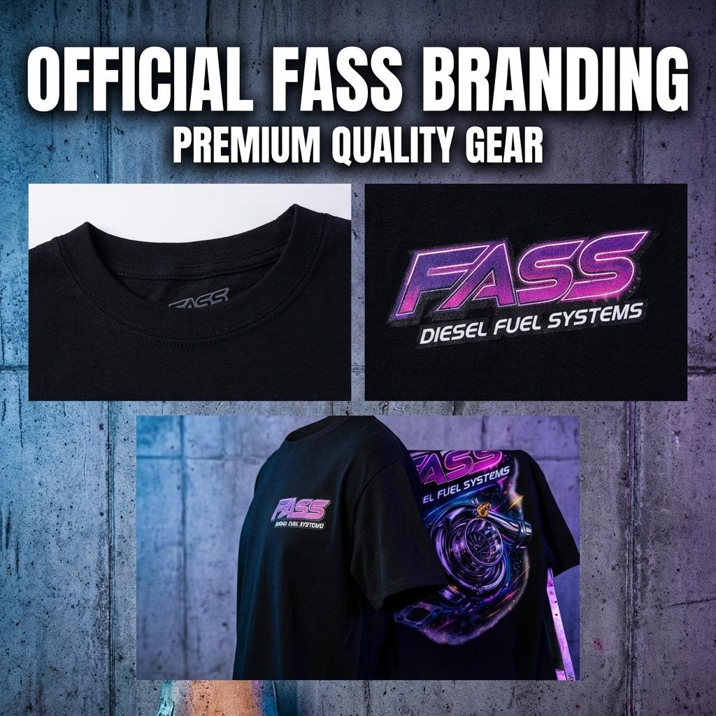 FASS Diesel Fuel Systems Chrome Turbocharger Graphic T-Shirt Neon Racing Performance Tee for Car Enthusiasts Streetwear Turbo Boost Outfit  Men's and women's tops suitable for everyday wear and all seasons