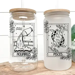 Zodiac Signs Glass Cup - Personalized Drinkware with Lid, Featuring Capricorn Design, Ideal for Gifts and Decor