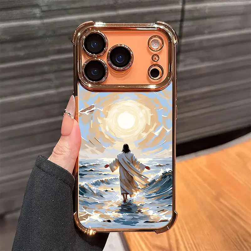 God's Plan Jesus Walking on Water Pattern Electroplated Transparent TPU Airbag Shockproof Smartphone Case - Protective, Simple, Fashionable Cover for iPhone 17 Pro Max,16,15,14,13,12,11 - Handheld Device Accessory
