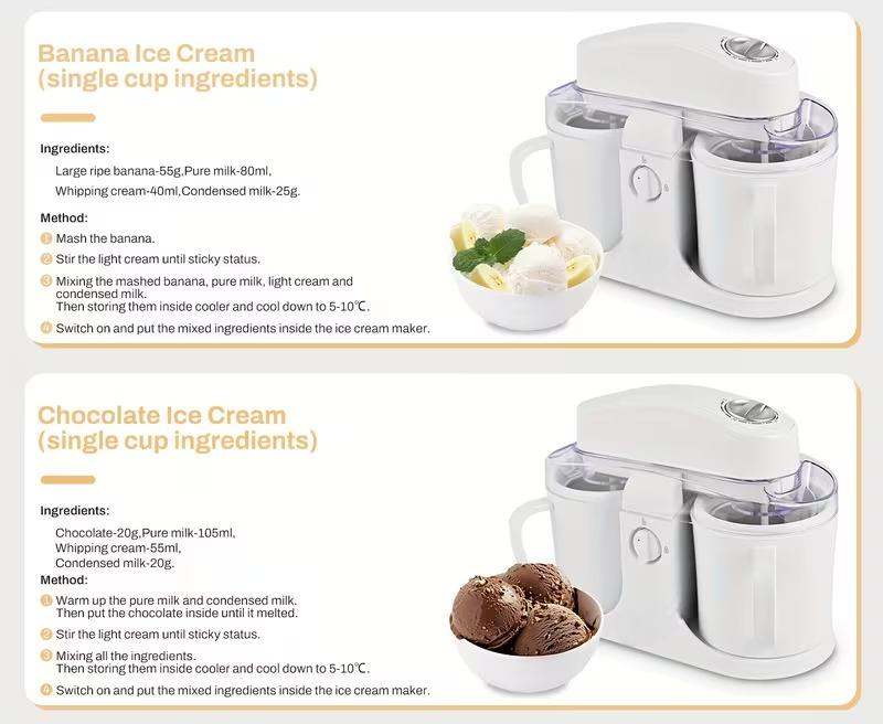 1L Dual-Bowl Ice Cream Maker  – CreamyDelight , Effortless Homemade Ice Cream, Frozen Yogurt & Smoothies, Easy-Clean Detachable Cups, Perfect Gift for Any Occasion .
