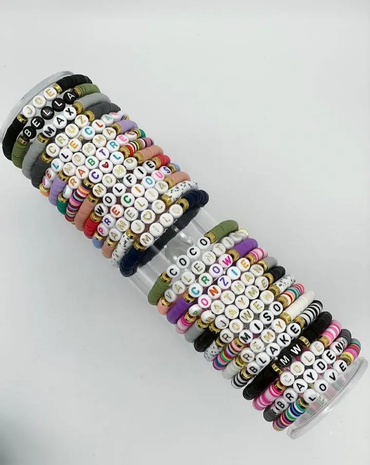 Custom Name Heishi Bead Bracelet - Acrylic Stretch Cord, 6mm Beads, Metallic Spacers, Personalized Gift, Stackable Design