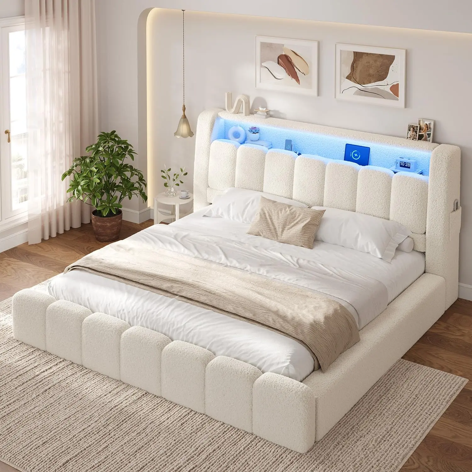 ADORNEVE King Size Bed Frame with Upholstered Boucle Headboard, Customizable LED Lighting, Charging Station, Soft Foam Padding, Rounded Corners - Ideal for Bedroom Decor, Functional Home Use