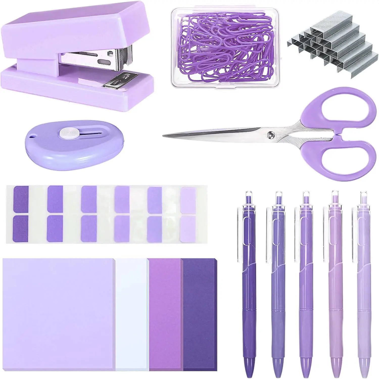Mini Purple Office Supplies Kit Purple School Supplies Christmas Gift Desk Accessories with Gel Pens Sticky Notes Stapler Scissor Paper Clips Index Tabs Box Cutter for Christmas Gifts Office