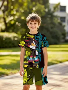 Boys' 3D Shadow Sonic Theme Short Sleeve Set, Cool Street Style Streetwear Cartoon Print, Summer for Outdoor, Perfect Gift for Holidays and Birthdays
