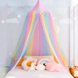 Bed Canopy for Girls, Shiny Kids Princess Round Dome Bed Curtain with Star Moon Glitter, Kids Crib Canopy Play Tent Dreamy Bed Netting