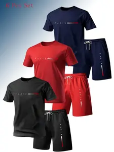 Men's 6-Piece Casual Sportswear Set, Short Sleeve T-Shirts & Shorts, Knit Fabric, Breathable, Outdoor Running, Paris Print, Fitness, Leisure, Sporty Casual Wear