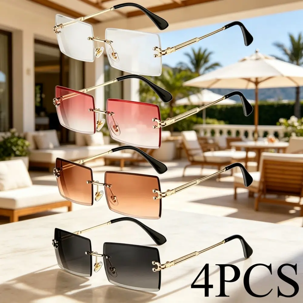 4-Pack Female Fashion Glasses, Vintage Rimless Trendy Sunglasses for Women, Metal Frame Rectangular Shades with UV400 Protection, Sun Protection, Cool Sunglasses, Sunglasses Set, Casual Sunglasses