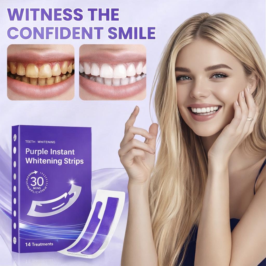 Purple Teeth Whitening Strips– 28 Pcs, Peroxide-Free, Enamel Safe, Low-Sensitivity, Quick Teeth Whitening, Whitening Strips Teeth Whitening Kit, 14 Treatments, Daily Use, Travel Use, Color Correction, Dental Care