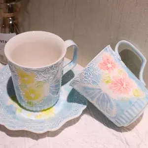 Butterfly Series Handmade Ceramic Blue Cup & Plate