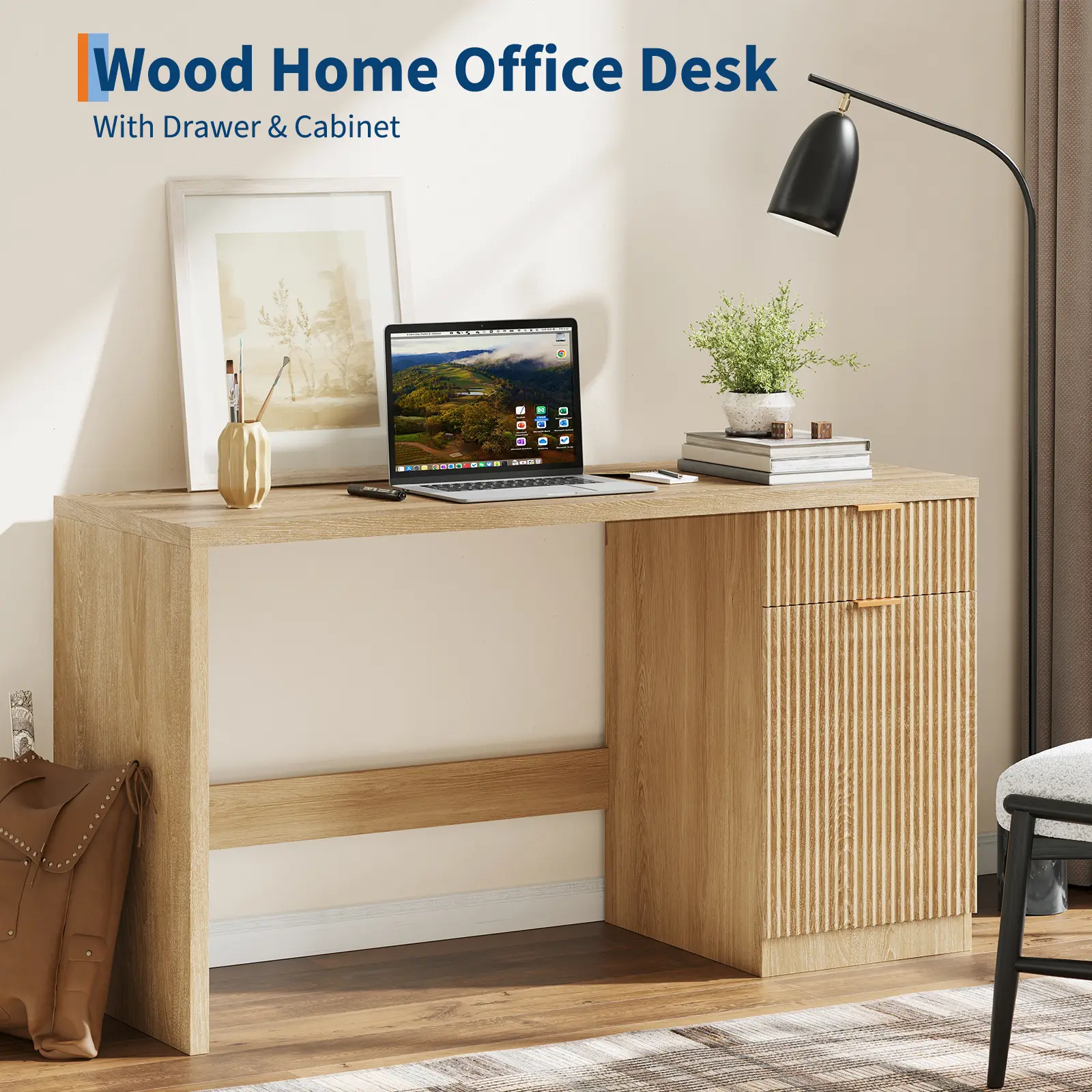 Garvee 60" Fluted Executive Desk with Storage - Modern Natural Oak Wood Home Office Computer Desk, Drawer & Cabinet, Writing Workstation, Conference Table