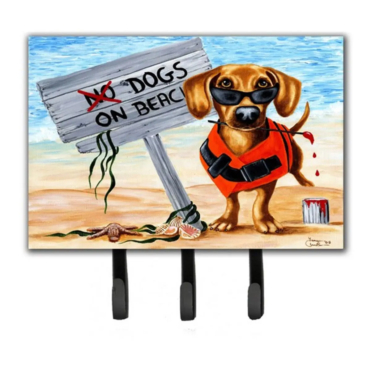 212 MAIN Dachshund Metal Wall-Mount Hanger - Home Decor Organizer with Metal Plate, 3 Hooks, Key Hook, Shelves, Beach-Theme Pet Leash Storage Holder
