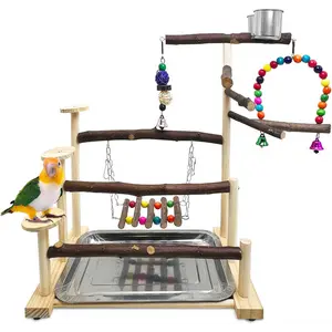 Bird Playground Natural Wood Parrot Playstand Parakeet Wooden Perchs Play Gym with Feeder Cups Birds Cage Accessories and Removable Tray for Parakeets Conure Cockatiel Budgie