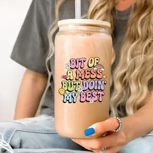 Sip-Sip Hooray! Bit of a Mess But Doing My Best Glass Cup – 16oz & 40oz Tumbler with Lid & Plastic and Glass Straws, Mental Health Gift, Aesthetic Iced Coffee Drinkware Water Bottles Washable