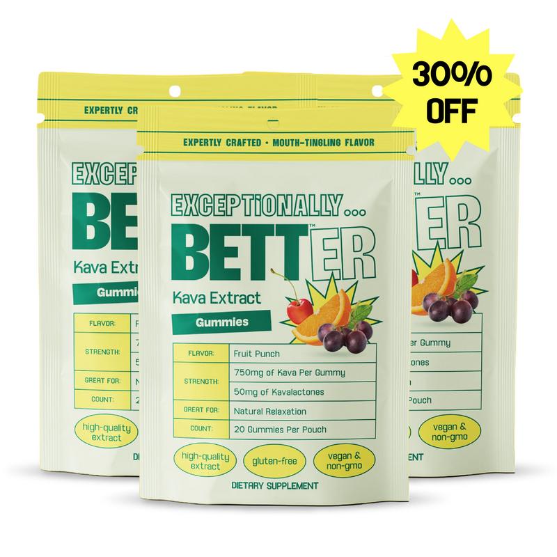 BETT Natural Calm Kava Gummies - Fruit Punch, 50mg Kavalactones, Vegan & Gluten-Free, 20 Gummies Per Pouch, Third-Party Lab Tested, Perfect for Relaxation