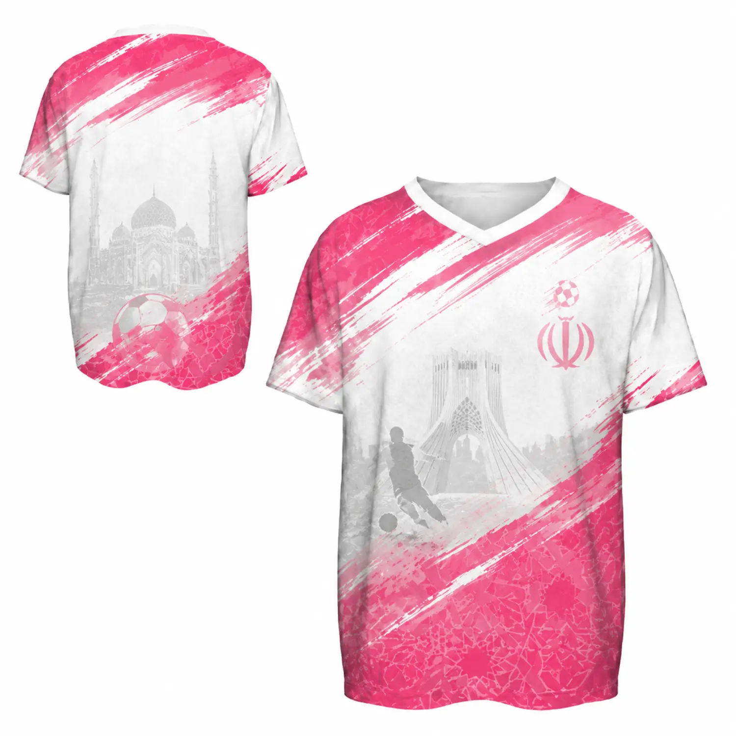 Men's Iran National Team V-Neck Soccer Jersey - Breathable Fabric, Full Print Brush Stroke Art, Retro Throwback, Pink/Gray/Blue for Match Day Fans, V-Neck Shape