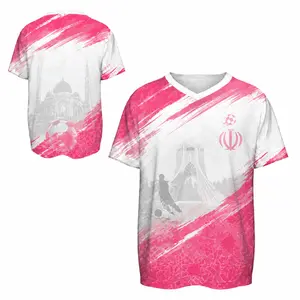 Iran National Team Soccer Jersey – Pink, Gray & Blue with Brush Stroke Design, V-Neck Football Shirt for Match Day Fans and Supporters