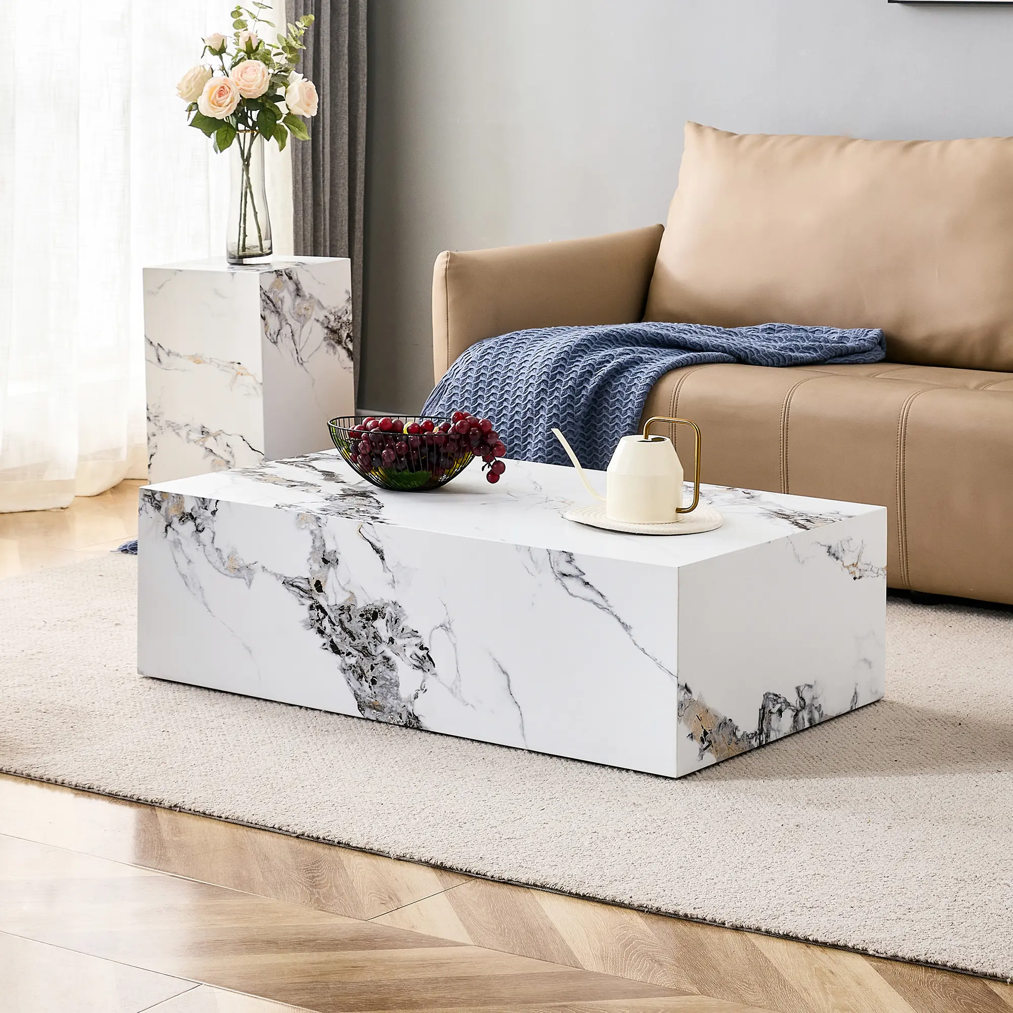 Small Space Coffee Table Marble Pattern MDF No Assembly Side Table for Living Room Breakfast Nook Couch Accent Farmhouse White modern style rectangle