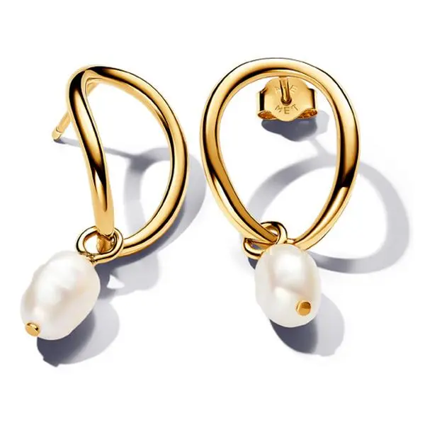 Pandora Classic Organically Shaped Circle & Baroque Bleaching-Treated Freshwater Cultured Pearl Earrings for US Adults, 263281C01, Organic Shape, Pearl Dangle, Gold, Metal Plated Gold, No, No Warning Applicable