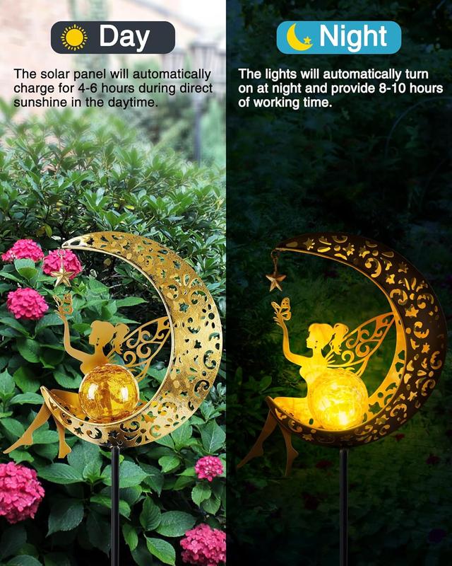 Solar Garden Statues Outdoor Decor Fairy Moon Figurine Light Stake, Housewarming Ornament for Patio, Lawn, Yard, Pathway, Unique Gift Ideas for Gardening Mom Grandma