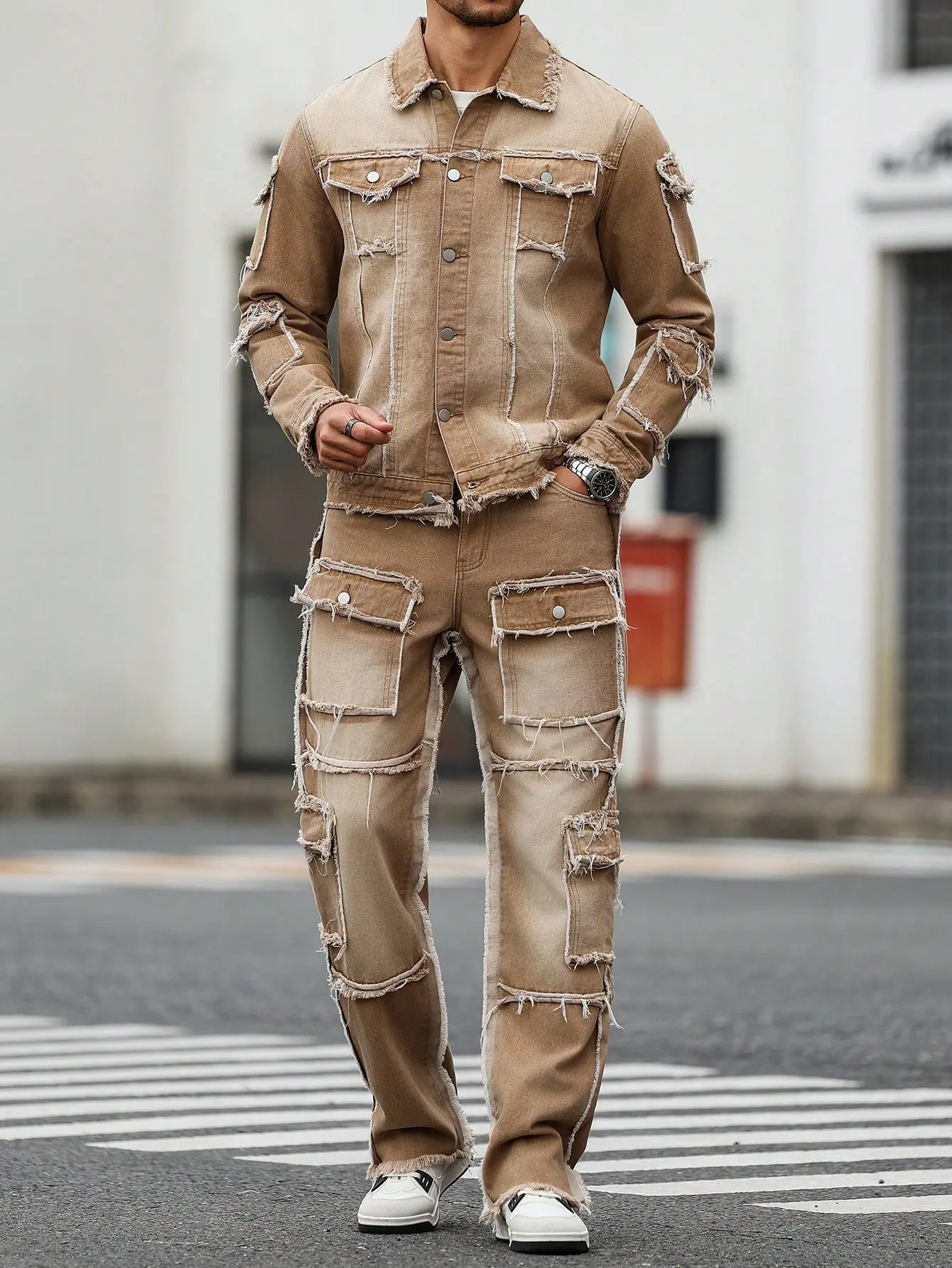 Men's Stylish 2-Piece Menswear Denim Set - Raw Edge Patchwork Jacket & Cargo Denim Jeans, Washed Distressed, Multi-Pockets, Fringe, Street Wear Clothes, Casual Hip Hop Outfit