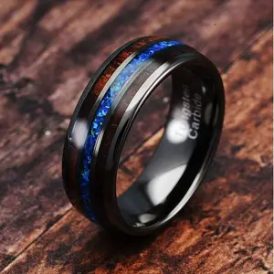 100S JEWELRY Gunmetal Tungsten Ring for Men Koa Wood Blue Opal Inlaid Wedding Band Promise Size 6-16 Heavy Duty Waterproof Scratch Resistant Anniversary