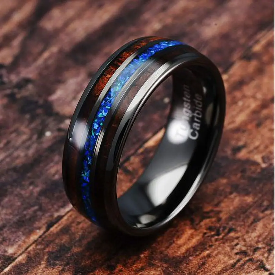 100S JEWELRY Gunmetal Tungsten Ring for Men Koa Wood Blue Opal Inlaid Wedding Band Promise Size 6-16 Heavy Duty Waterproof Scratch Resistant Anniversary