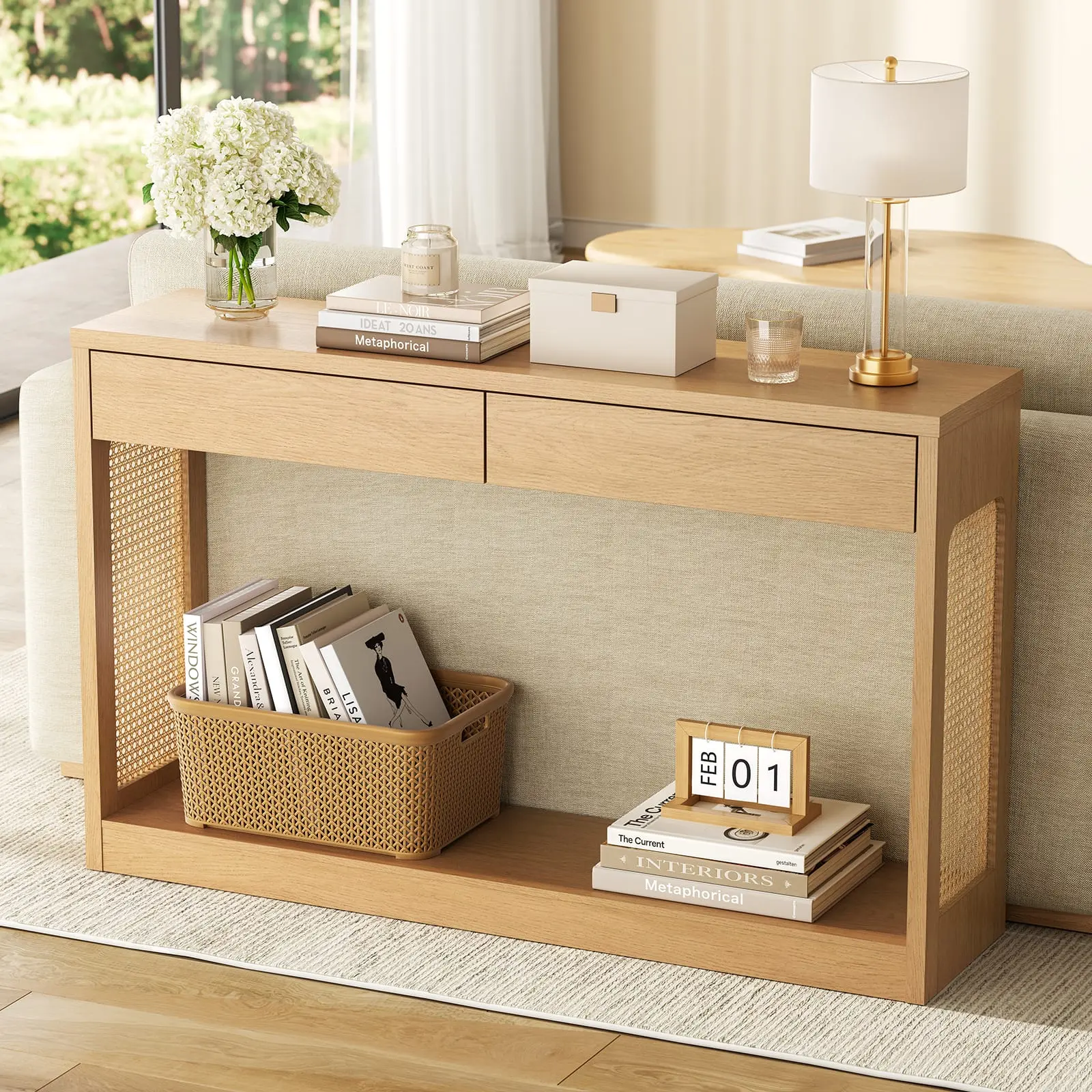 SIKAIC Modern Narrow Storage Cabinet with Dual Drawer Design, Wooden Entryway Table for Home Organization, Oak Finish