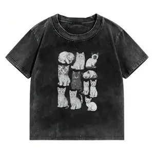 Summer Fashion Washed Cotton 230G T Shirt With Cat Pattern Creative Washed Short Sleeve Statement Tee Casual Everyday Breathable Outdoor Sport Gift Item