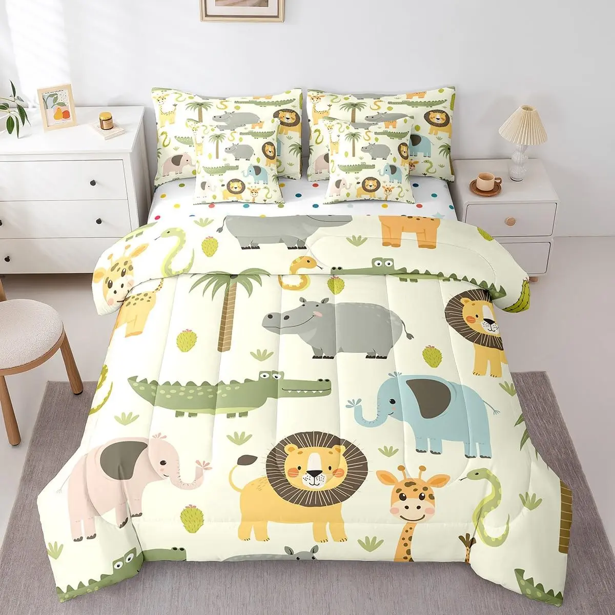 Feelyou 7-Piece Cartoon Safari Bedding Set - Kids' Bed-in-a-Bag with Comforter, Pillowcases, Sheets, Cushion Cover, Breathable Soft Animal Blanket (Animal Blankets Included), Breathable Soft Blanket