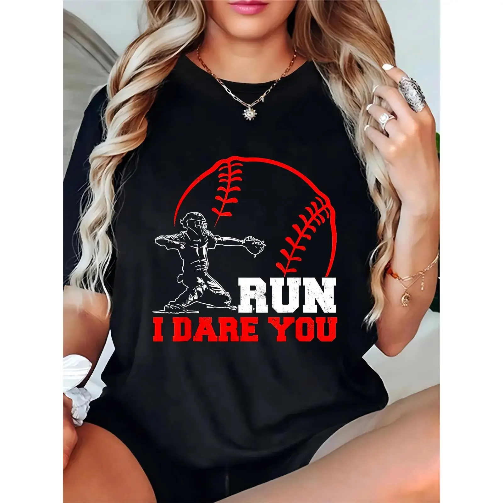 Women's Crew Neck Short-Sleeve Loose-Fitting 100% Cotton Baseball Catcher "Run I Dare You" Top - Breathable, Machine Washable, No Shrinkage, All Seasons Casual Sports Fan Tee for Game Days & Everyday Wear, Sporty Chic