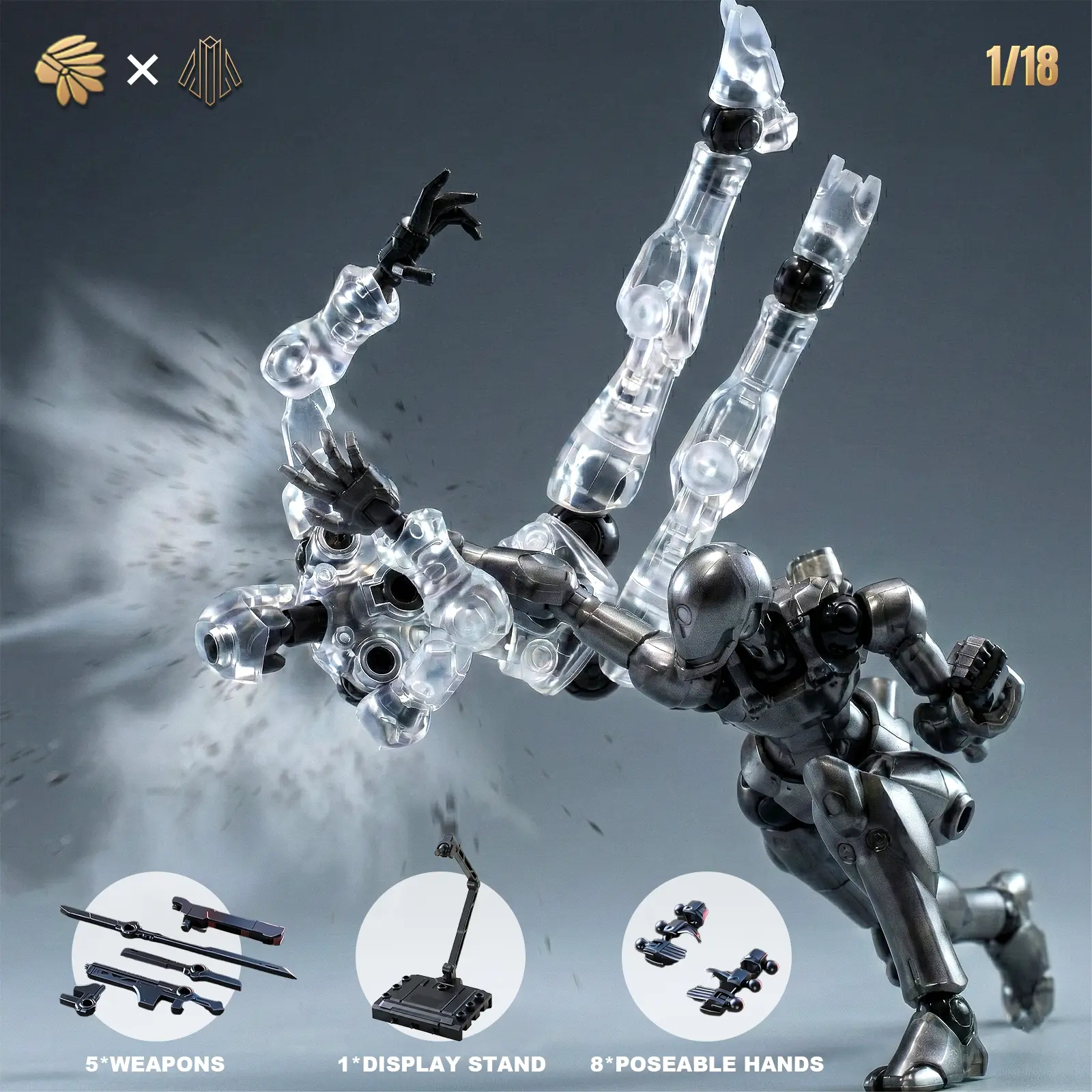 1/18 Scale Super Poseable Robot Body Model Set, 3.75 Inch Sci-Fi Robot Assembly Kit with 2 Weapons & Display Stand, Cyberpunk Desktop Decoration Gift, Articulating Figures, Action Figures, Articulated Figures, Articulating Figurines, Collectible Model