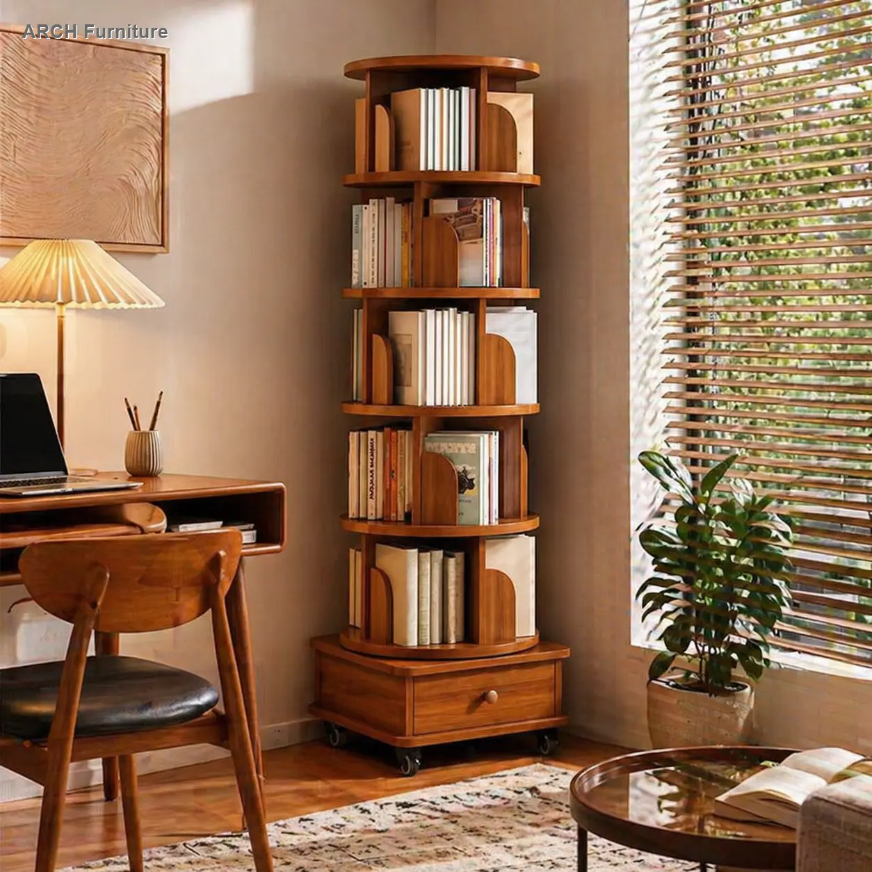 Walnut Brown 6-Tier Tall Narrow MDF & Walnut Corner Bookshelf - Corner Display Shelf, 360° Rotate, Wheels, Adjustable Layers, Home Library Storage, Home Office Furniture, Assembly Required (Bedroom, Living Room Use)