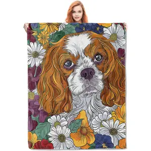Cavalier King Charles Spaniel Blanket Gifts for Women Girls Lovers Soft Warm Lightweight Cozy Plush Cute Floral Animal Dog Throw Blankets 60"x50"