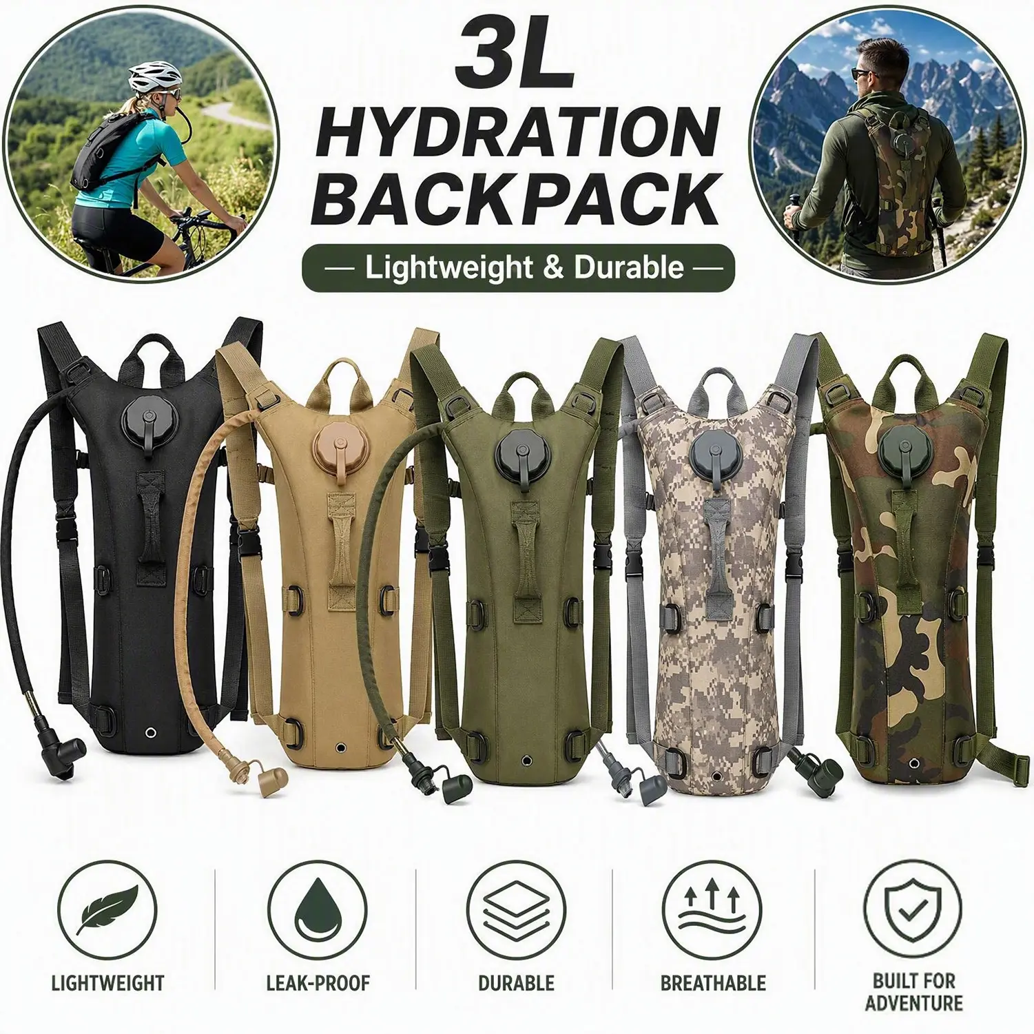 Unisex Lightweight Oxford Fabric Tactical Hydration Pack with 3L Bladder - Adjustable Straps, Breathable Back, Secure Fit for Hiking Cycling, Outdoor Sports