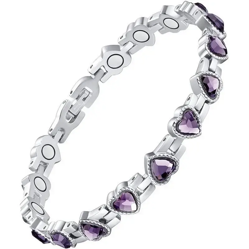Women's Titanium Steel Magnetic Adjustable Bracelet - Heart-Shaped Crystal Embedded, 8.33" Length, Balance-Boosting, Casual Wear Accessory, Anniversary Gifts, Metal Fashion Jewelry, Crystal Gems, Bangle