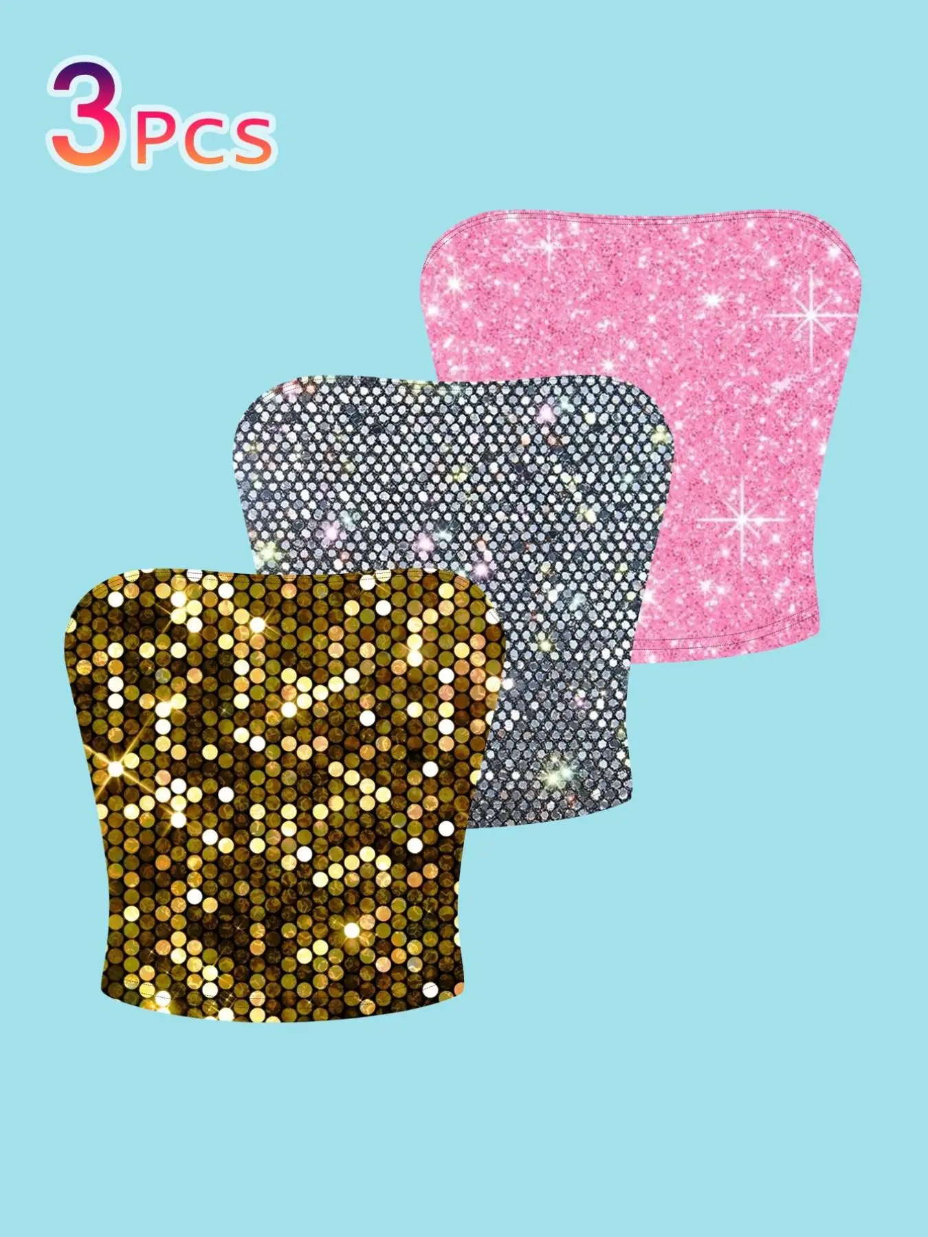 3-Pack Sequin Rhinestone Crop Top, Bohemian Style Slim-Fit Tank Tops, Y2K Millennium Fashion, Party Stage Eye-Catching Shirt