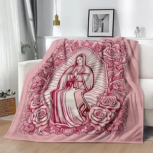 1 Piece Classic Cozy Pink Virgin Mary Printed Flower Flannel Blanket - High-Density, Super Soft Velvet Texture, Multi-Size, Mother's Day Gift for Mom, Ideal for Sofa & Bed, Plush Bedding Throw